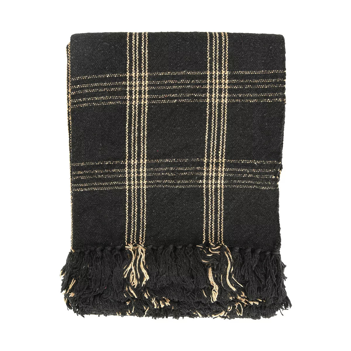 Storied Home Soft Woven Reclaimed Cotton Blend Throw with Fringe, Black and Tan Plaid | Target
