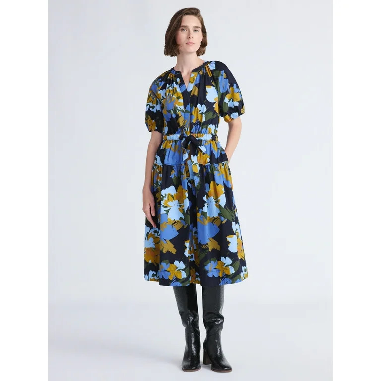 Free Assembly Women's and Women's Plus Cotton Midi Dress with Puff Sleeves, Sizes XS-4X | Walmart (US)