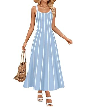 ZESICA Womens 2026 Summer Sleeveless Striped Midi Dresses Casual A Line Swing Knit Long Dress Bea... | Amazon (US)