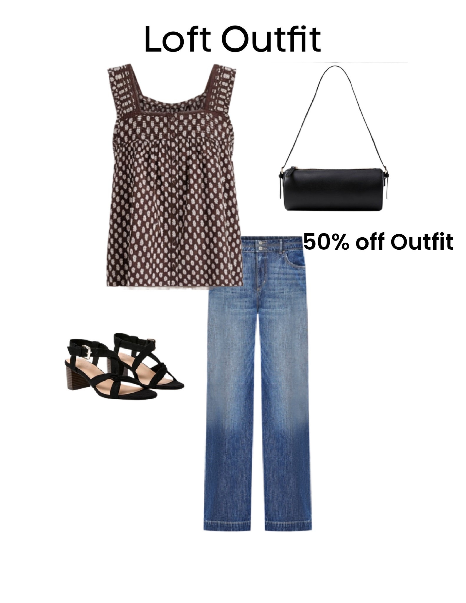 Loft Outfit. 
50% off everything  
-Loft Floral pleated square neck blouse
-Loft Palazzo jeans in classic mid wash
-Black shoulder bag
-Strappy sandals 
Petite outfit 
Petite style 

#LTKMidsize #LTKPetite #LTKOver40