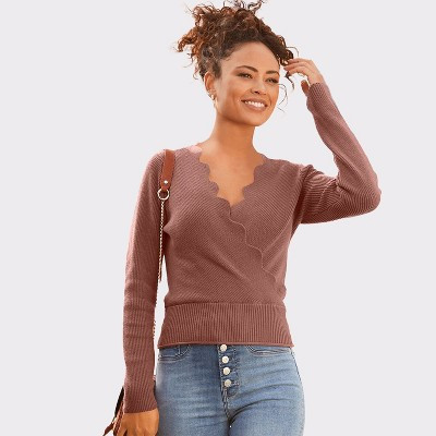 Women's Scallop V-Neck Sweater - LASCANA - Clay Solid 8/10 | Target