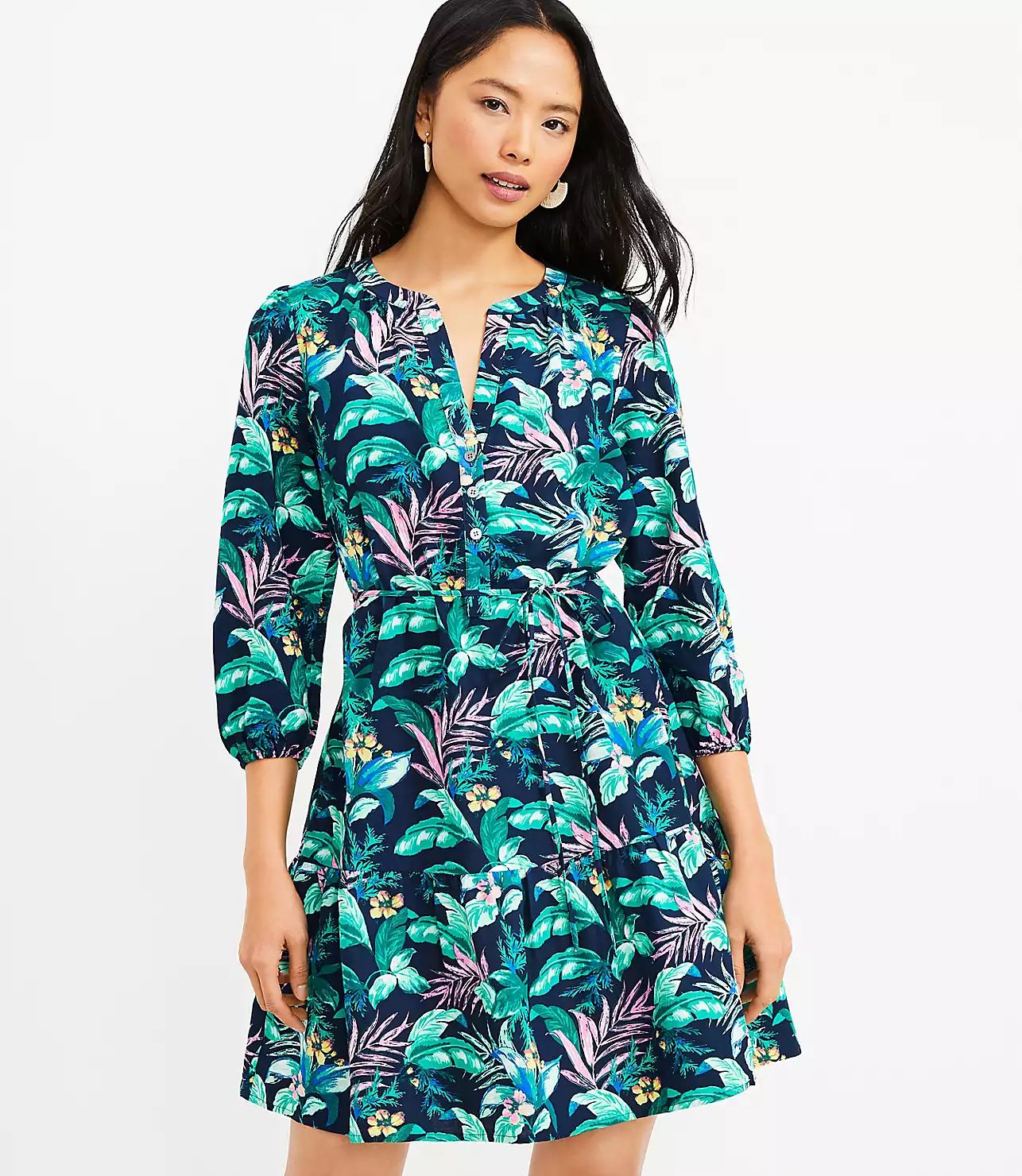 Palm Henley Flounce Shirtdress | LOFT
