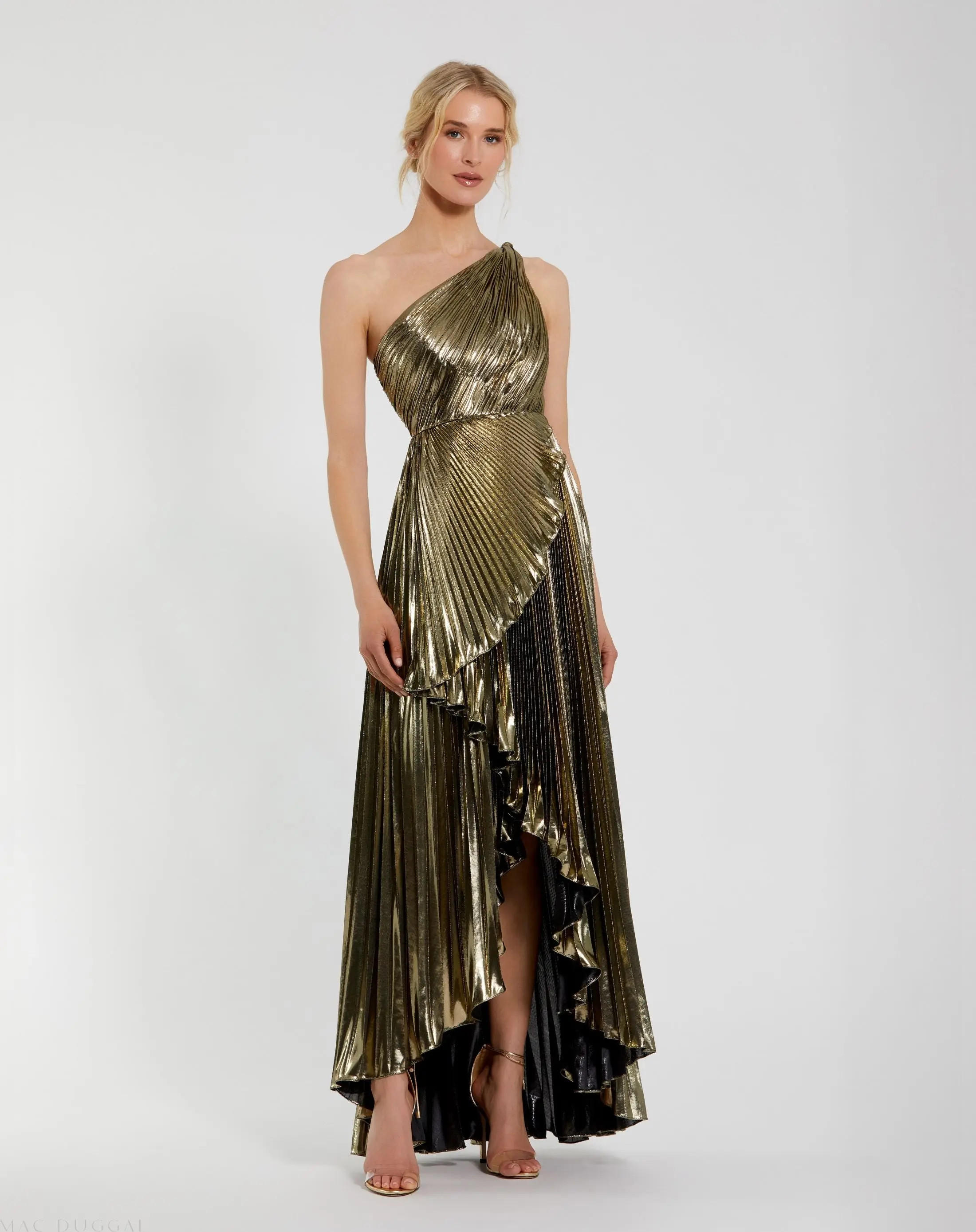Gold Pleated Metallic One Shoulder High Low Gown - Mac Duggal | Mac Duggal