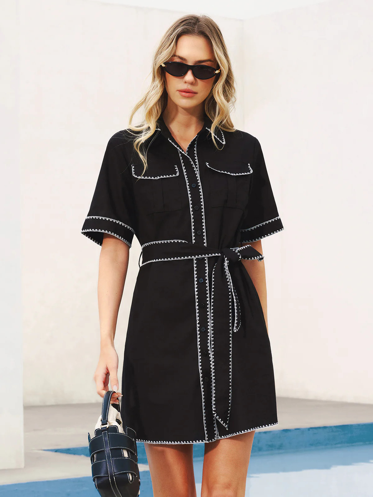 Contrast Stitch Belted Shirt Dress | Commense