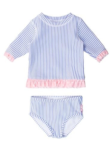 RuffleButts Baby/Toddler Girls UPF50+ Sun Protection Seersucker Short Sleeve Ruffle Rash Guard Bikini - Periwinkle Blue, 18-24m | Amazon (US)