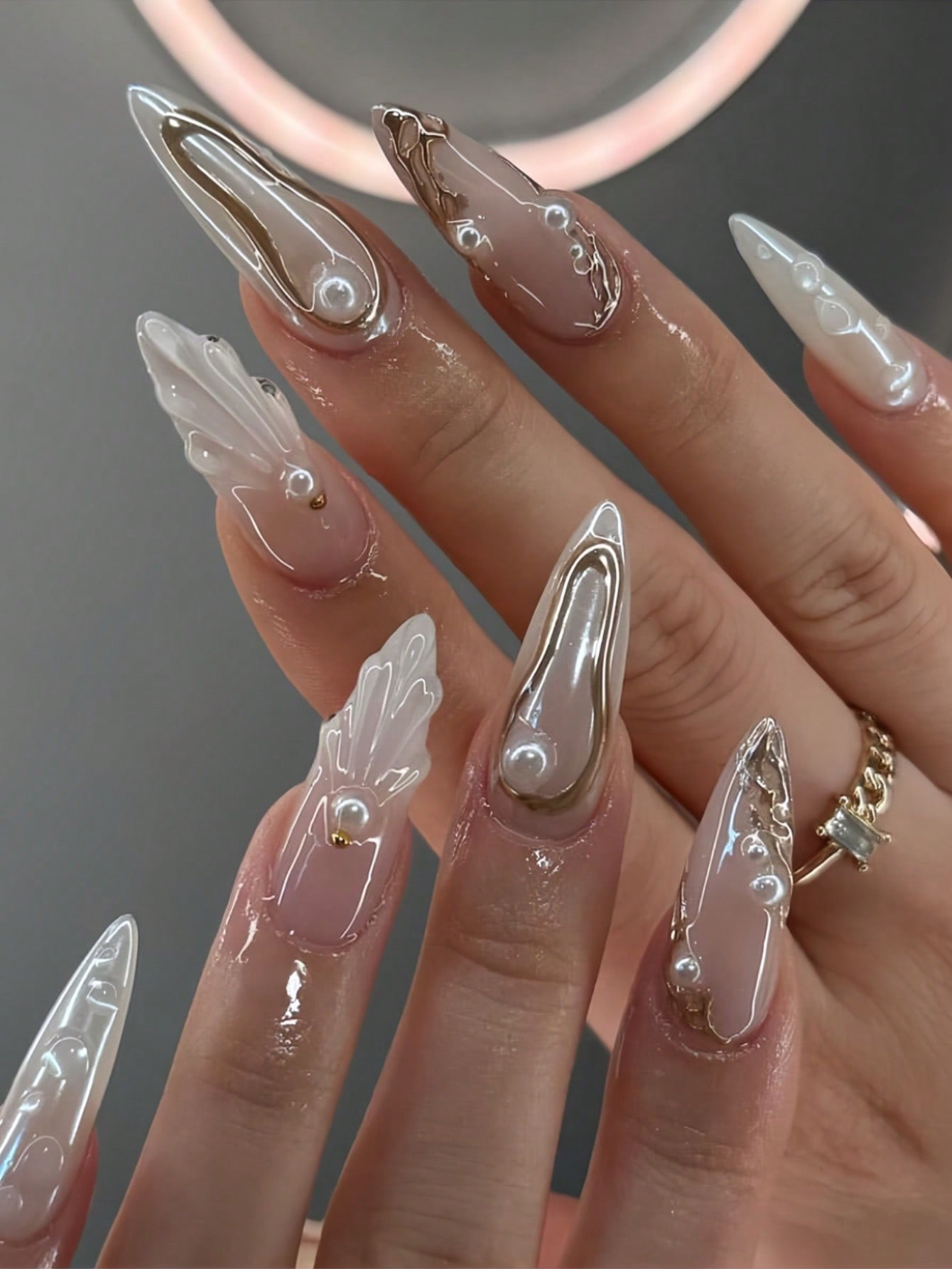 24pcs High-Quality 3D Asymmetrical Abalone Shell Floral Rhinestone Medium Almond-Shaped Press-On ... | SHEIN