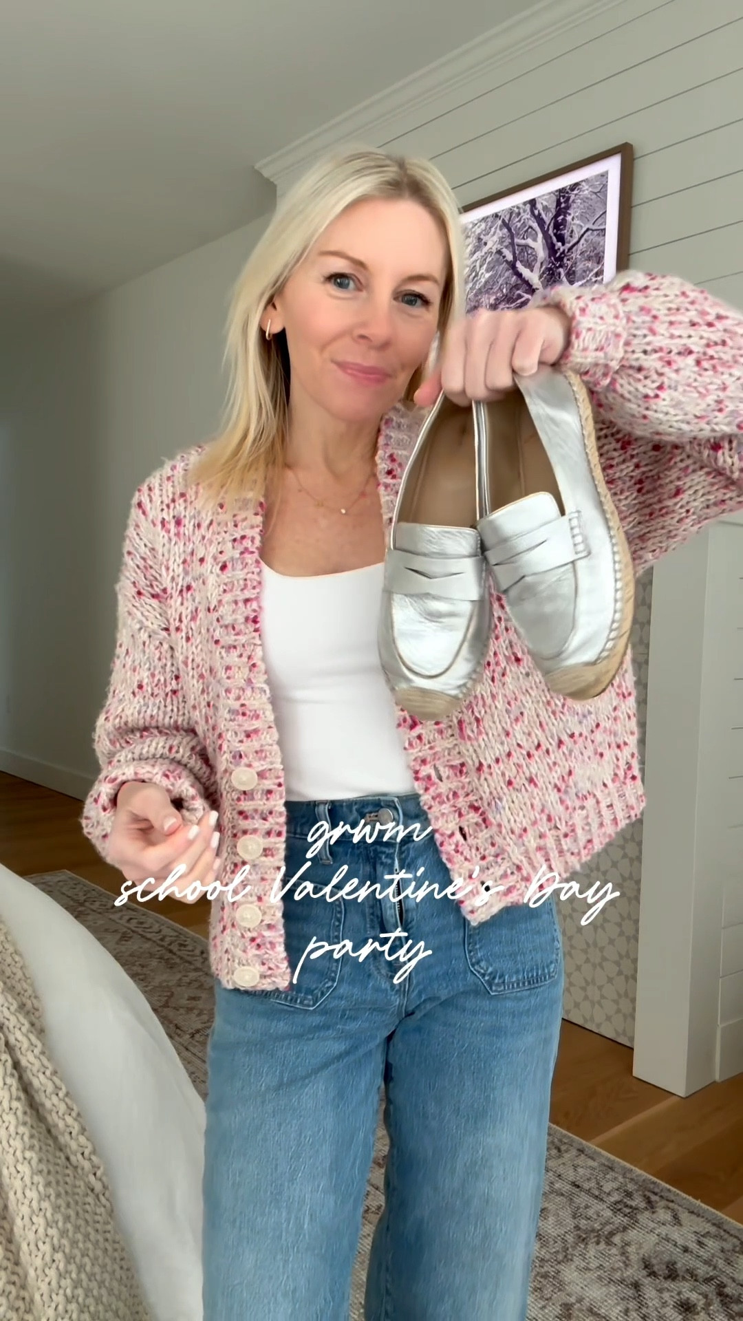 GRWM / headed to Valentine’s Day parties at school! This pink cardi is so cozy and cute and on major sale now!!! 

@Aerie 