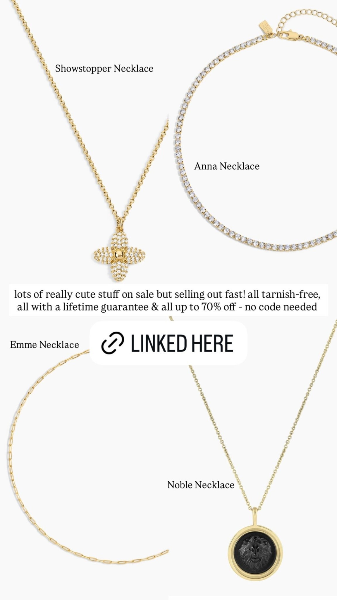 lots of really cute stuff on sale but selling out fast! all tarnish-free, all with a lifetime guarantee & all up to 70% off - no code needed  // Emme Necklace / Anna Necklace / Showstopper Necklace / Noble Necklace

#LTKSaleAlert #LTKOver40