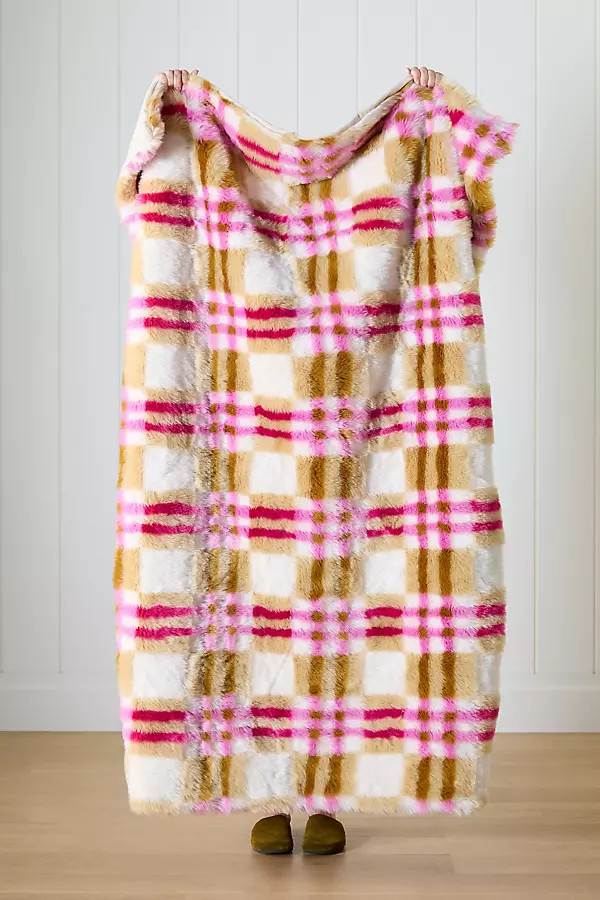 Lilou Jacquard Plaid Faux Fur Throw Blanket | Anthropologie (US)