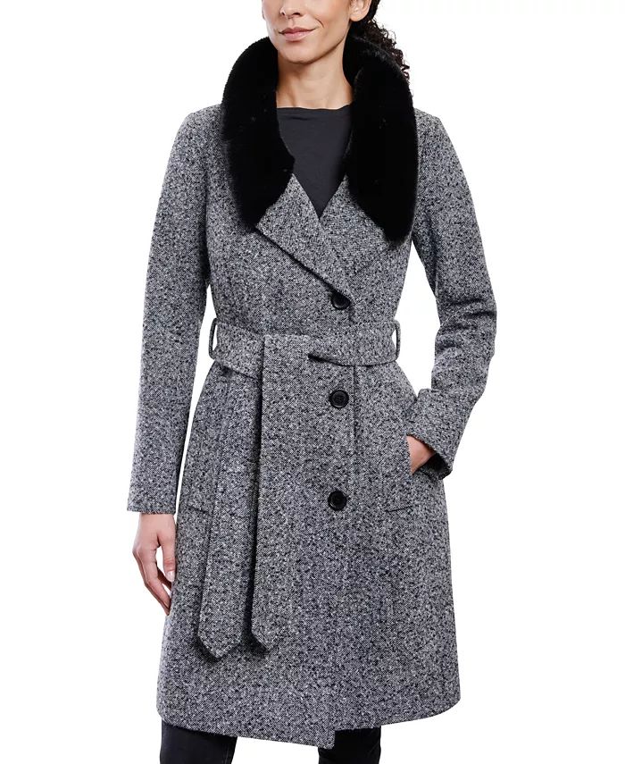 Anne Klein Women's Belted Faux-Fur-Trim Wrap Coat & Reviews - Coats & Jackets - Women - Macy's | Macys (US)