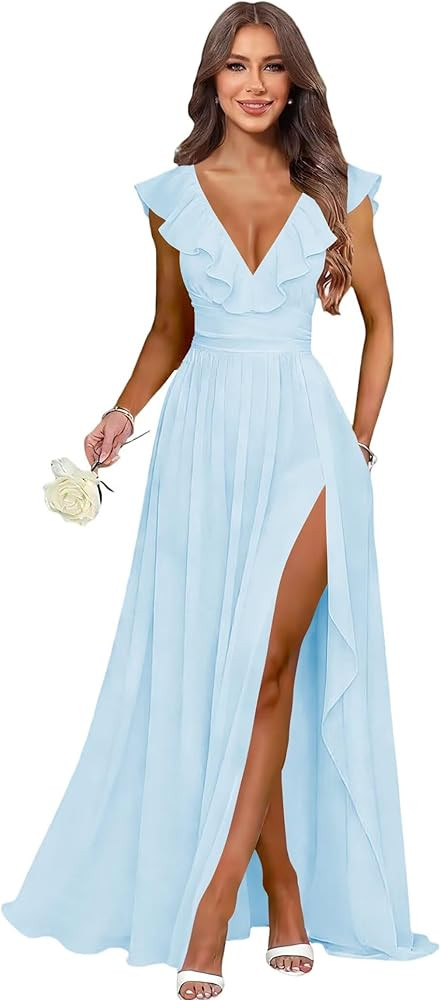 Chiffon Bridesmaid Dresses Long with Slit Maxi V Neck Formal Evening Dress with Ruffles SQZU001 | Amazon (US)