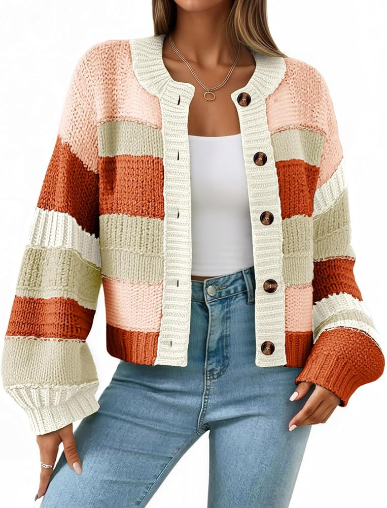 Saodimallsu Womens Striped Chunky Cardigan Sweaters Button Up Fall Trendy Color Block Long Sleeve... | Amazon (US)