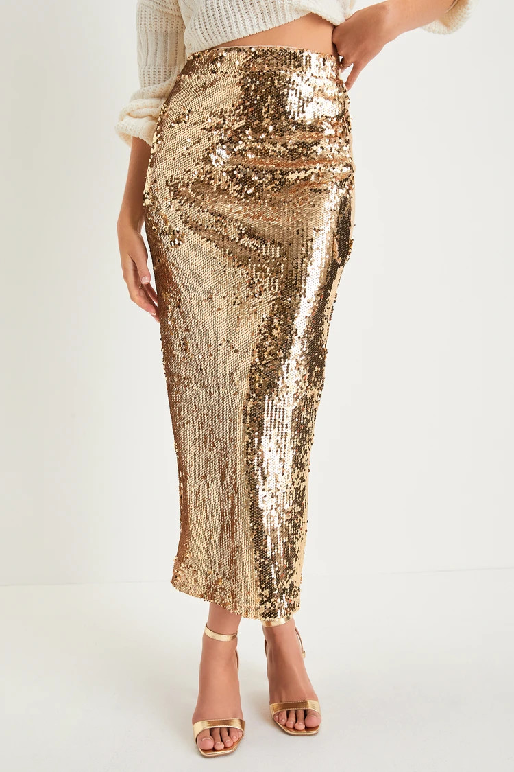 Dazzling Appearance Gold Sequin High-Rise Midi Skirt | Lulus