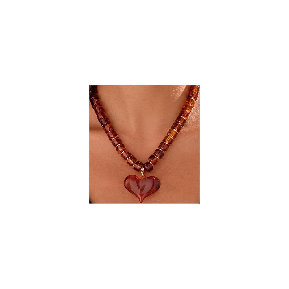 Amber Acrylic Chunky Heart Penadnt Necklace for Women Exaggerated Statement Puff Heart Choker Nec... | Amazon (US)