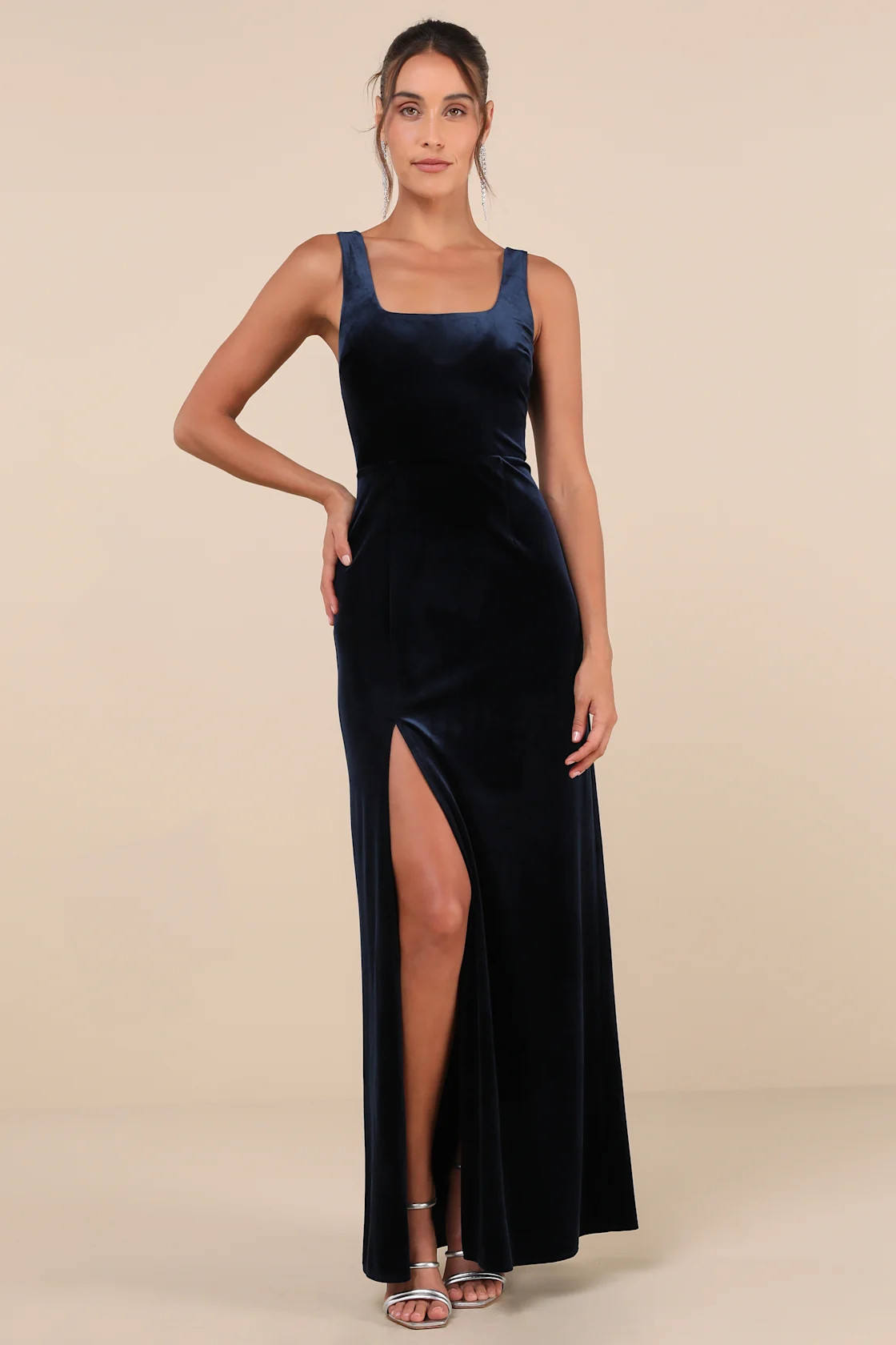 Elegant Sweetie Dark Navy Velvet Square Neck Maxi Dress | Lulus