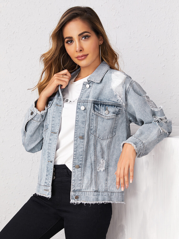 SHEIN Raw Hem Ripped Detail Denim Jacket | SHEIN
