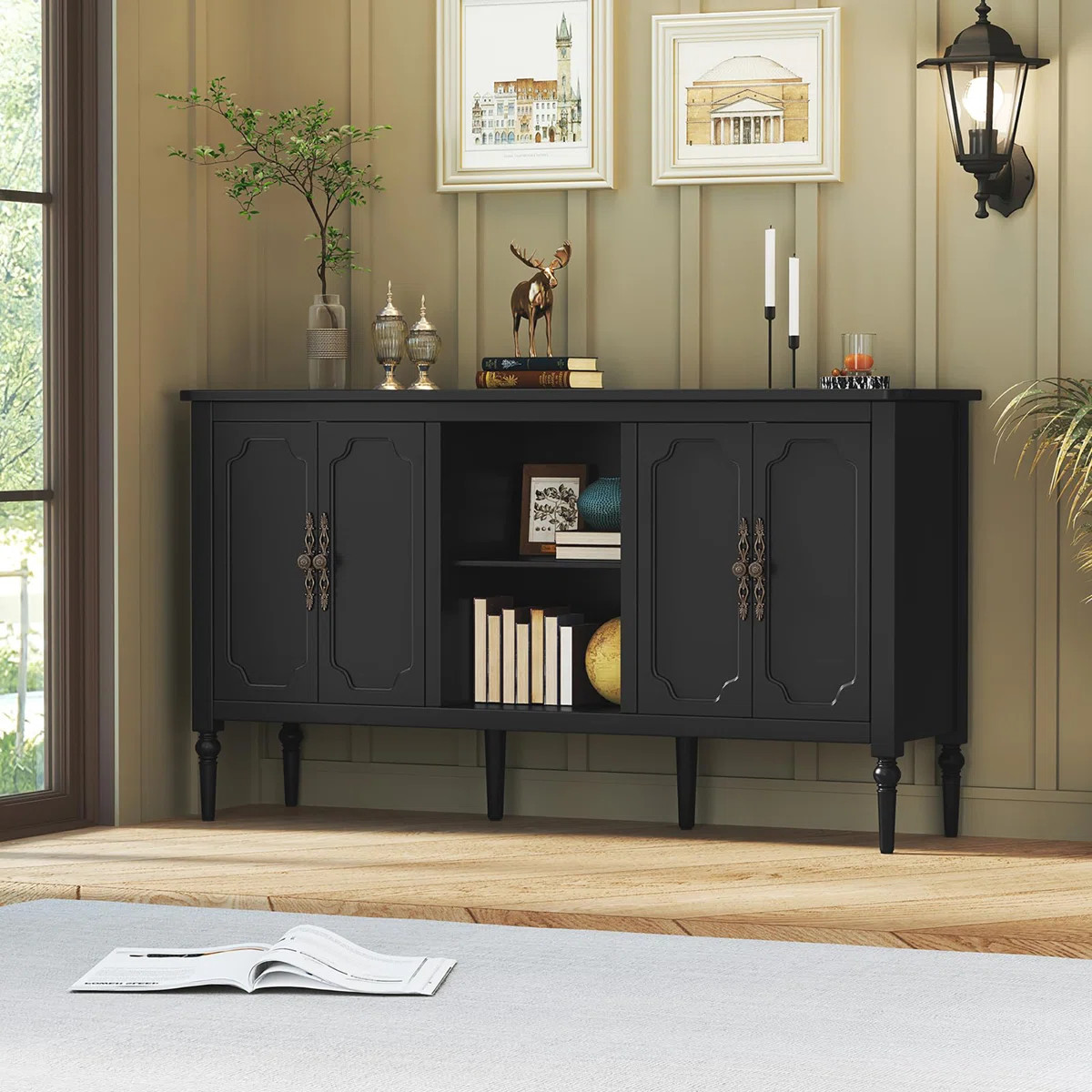 Gurbachan 59-in Vintage four-door cabinet with open shelves | Wayfair North America