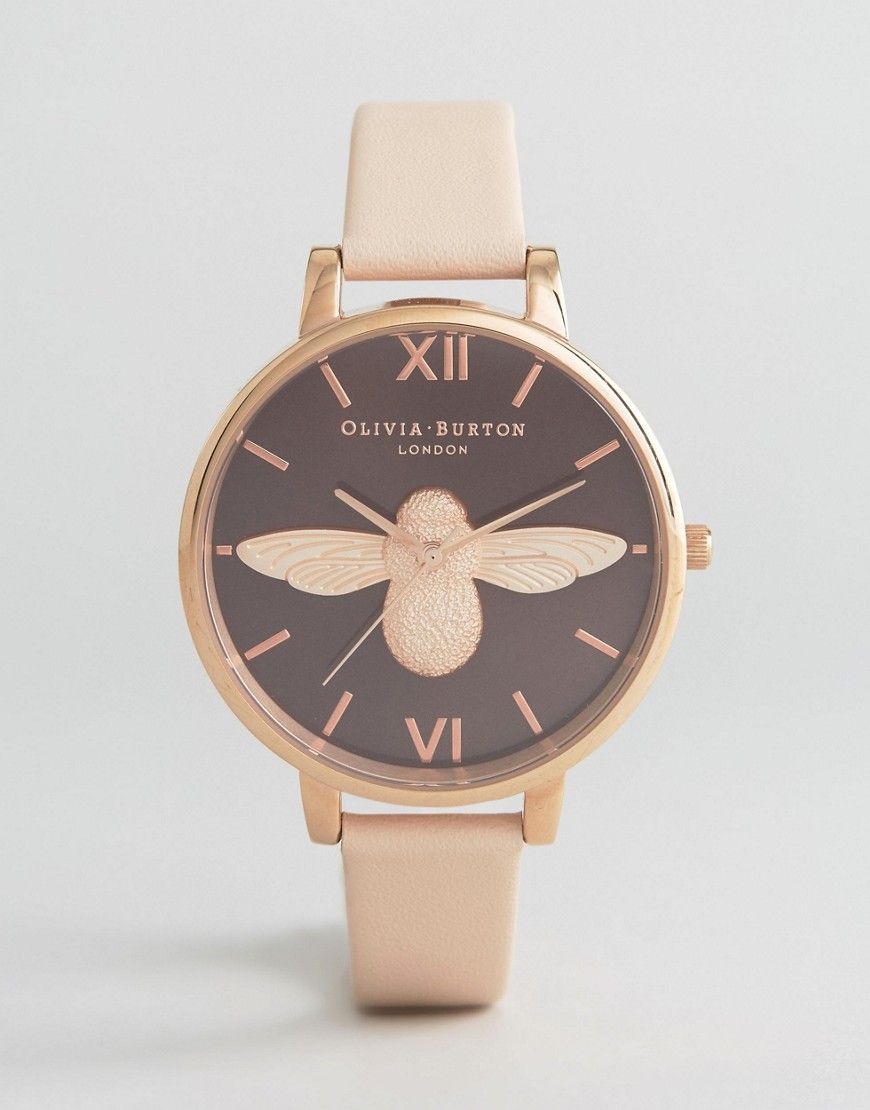 Olivia Burton Bee Motif Nude Leather Watch - Pink | ASOS US