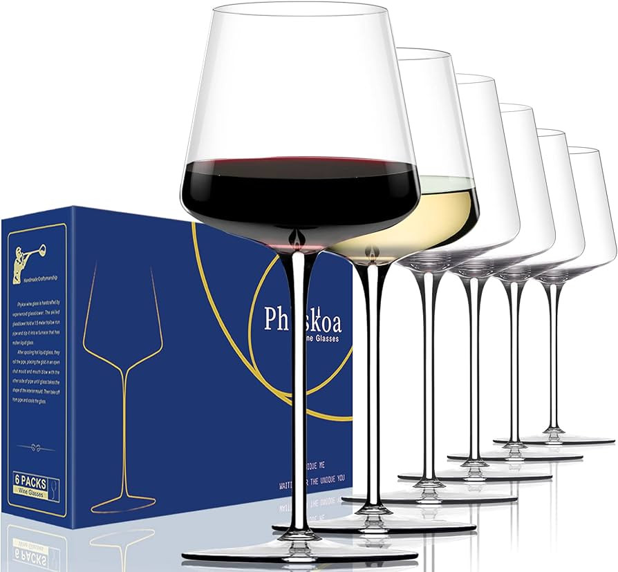 Red/White Wine Glasses Set of 6 – 16oz Clear – Hand Blown Crystal Wine Glasses – Tall Long ... | Amazon (US)