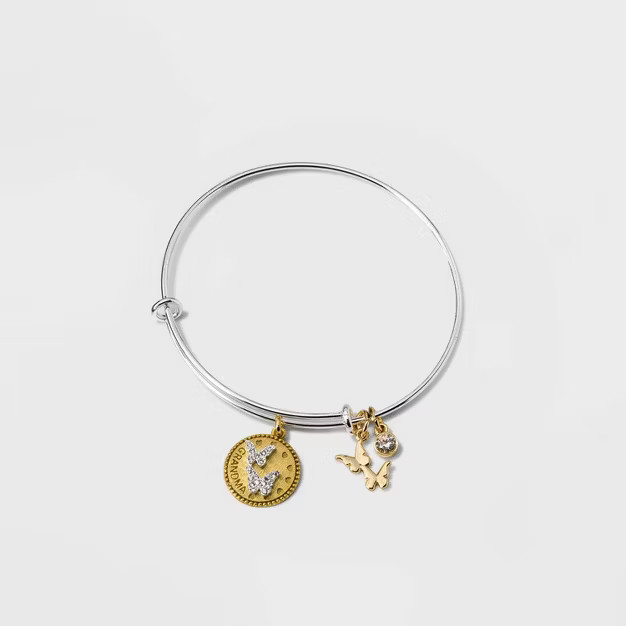 Silver Plated 'Grandma' Cubic Zirconia Double Butterfly Two-Tone Metal Bangle Bracelet - Silver | Target