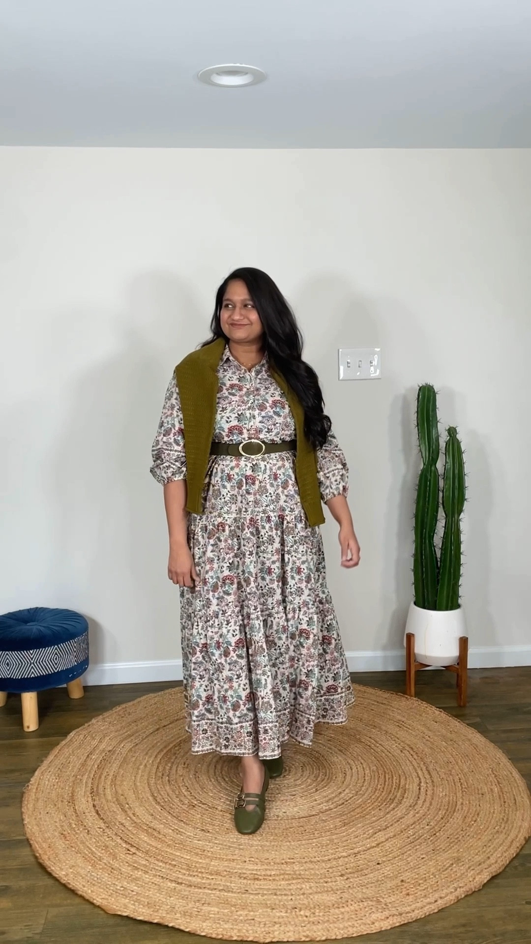 One dress styled for every season. This dress is modest and nursing friendly, you can easily take from desk to wedding 
@tuckernuck chintz Mabel maxi dress in size S (fits TTS)
@madewell  double faced brushed long coat in size small (fits loose) 
@dolcevita Auggie boots on sale for $159
@tuckernuck olive leather buckle Nina flats 