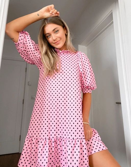 ASOS DESIGN textured mini dress with ruffle neck and puff sleeve in pink with black polka dot | ASOS (Global)