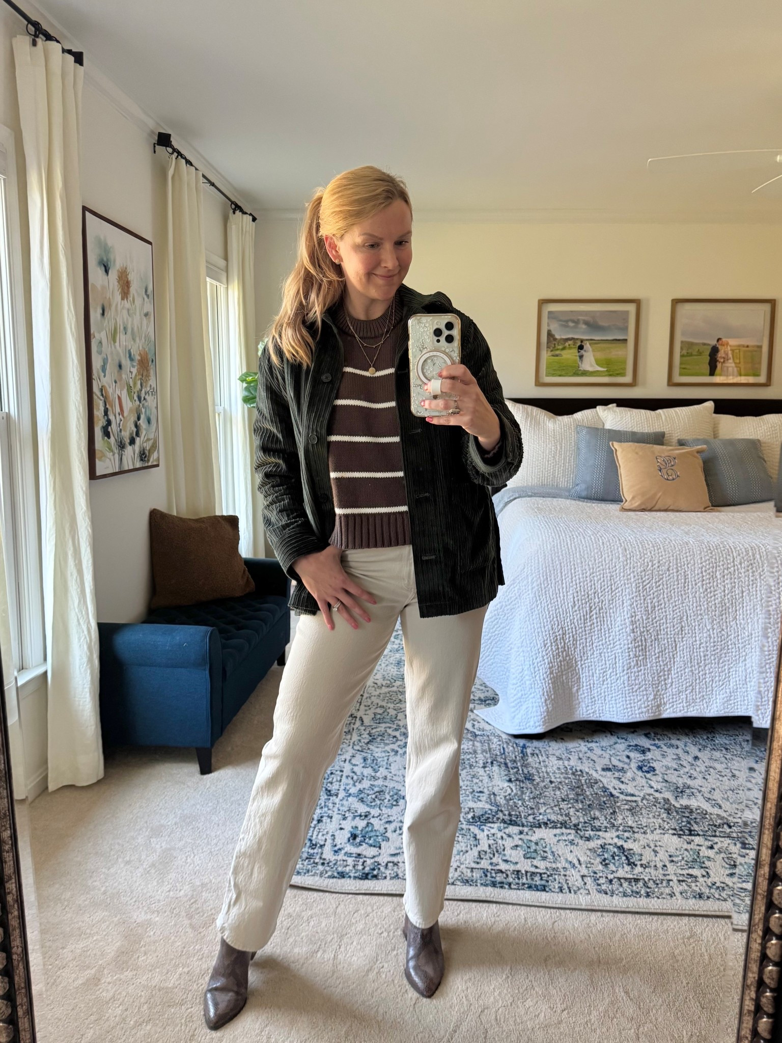 Casual layered outfit idea for spring - corduroy shacklet with sweater and stone grey jeans (old but similar linked)

Sweater fits true to size 

#LTKSeasonal #LTKmomlife