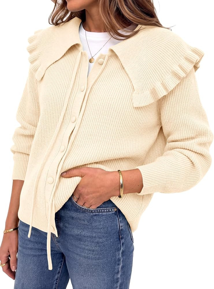 Saodimallsu Womens Oversized Ruffle Collar Cardigan Sweaters Tie Peter Pan Button Up Long Sleeve ... | Amazon (US)