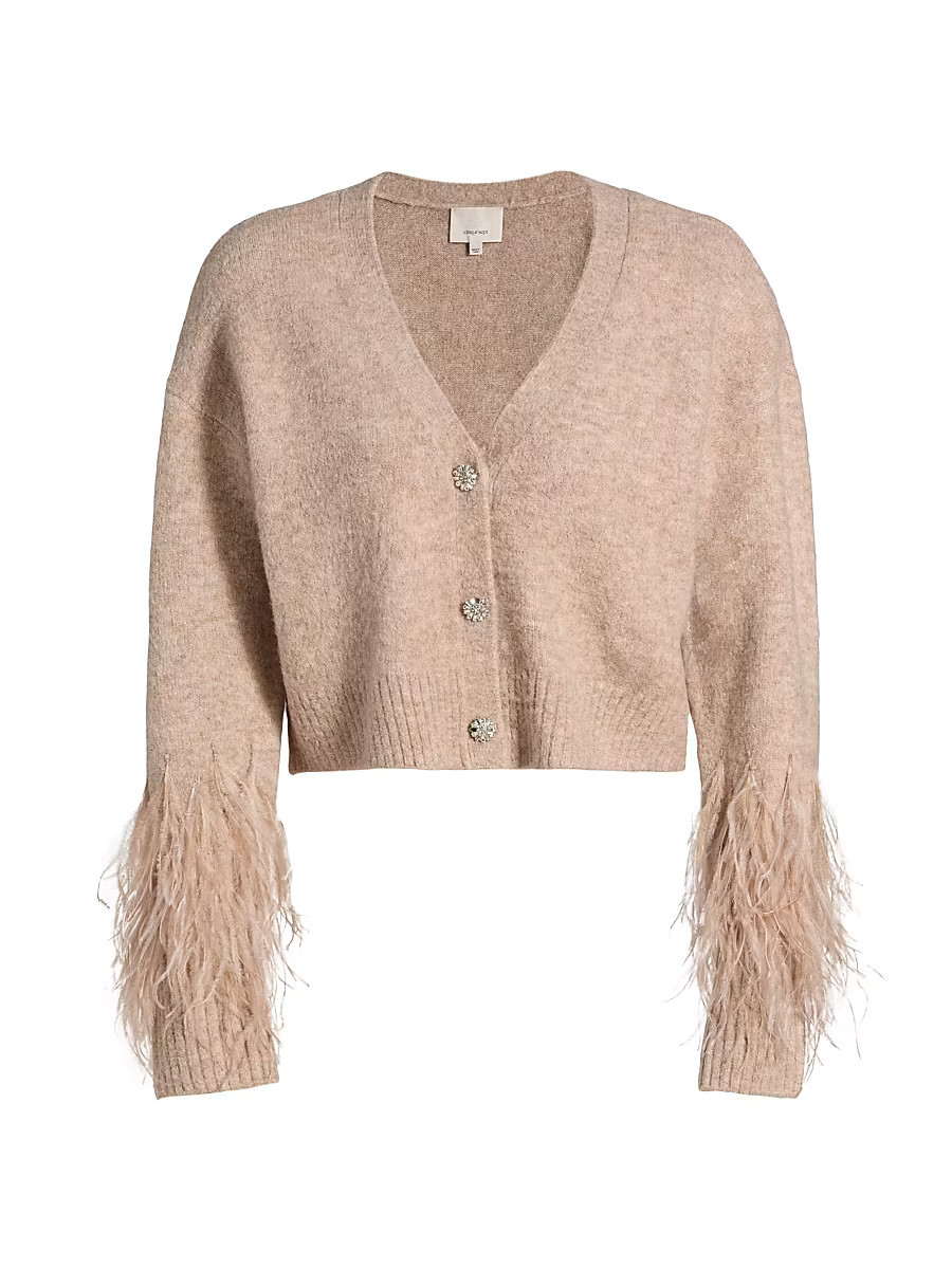Women's Bria Feather V-Neck Cardigan - Oatmeal - Size XXS | Saks Fifth Avenue