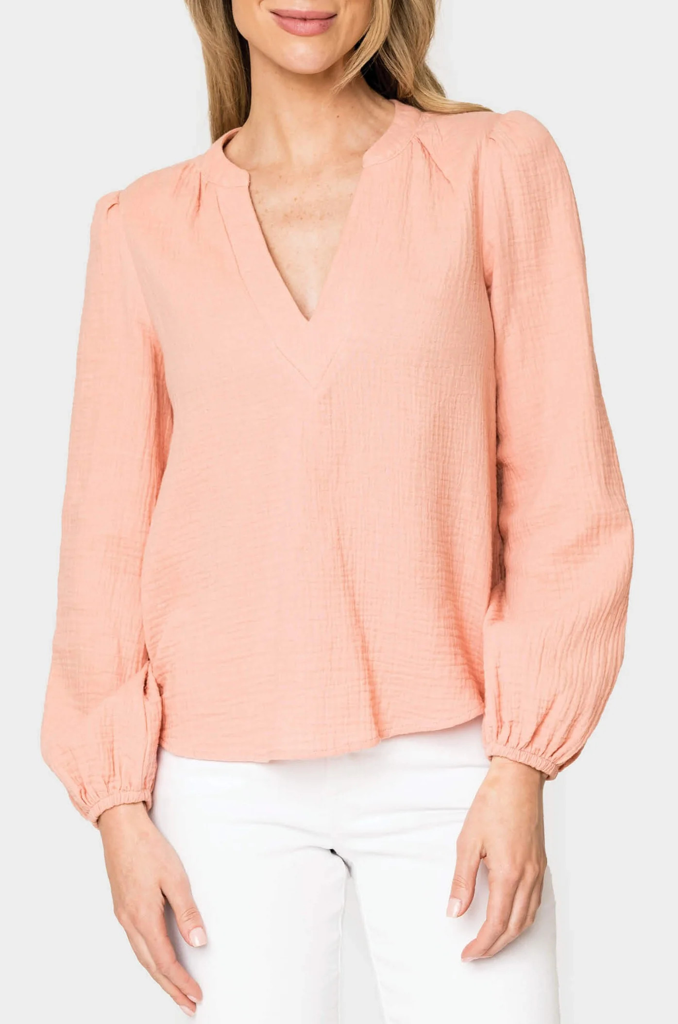 Meadow Bracelet Sleeve V-Neck Gauze Top | Gibson