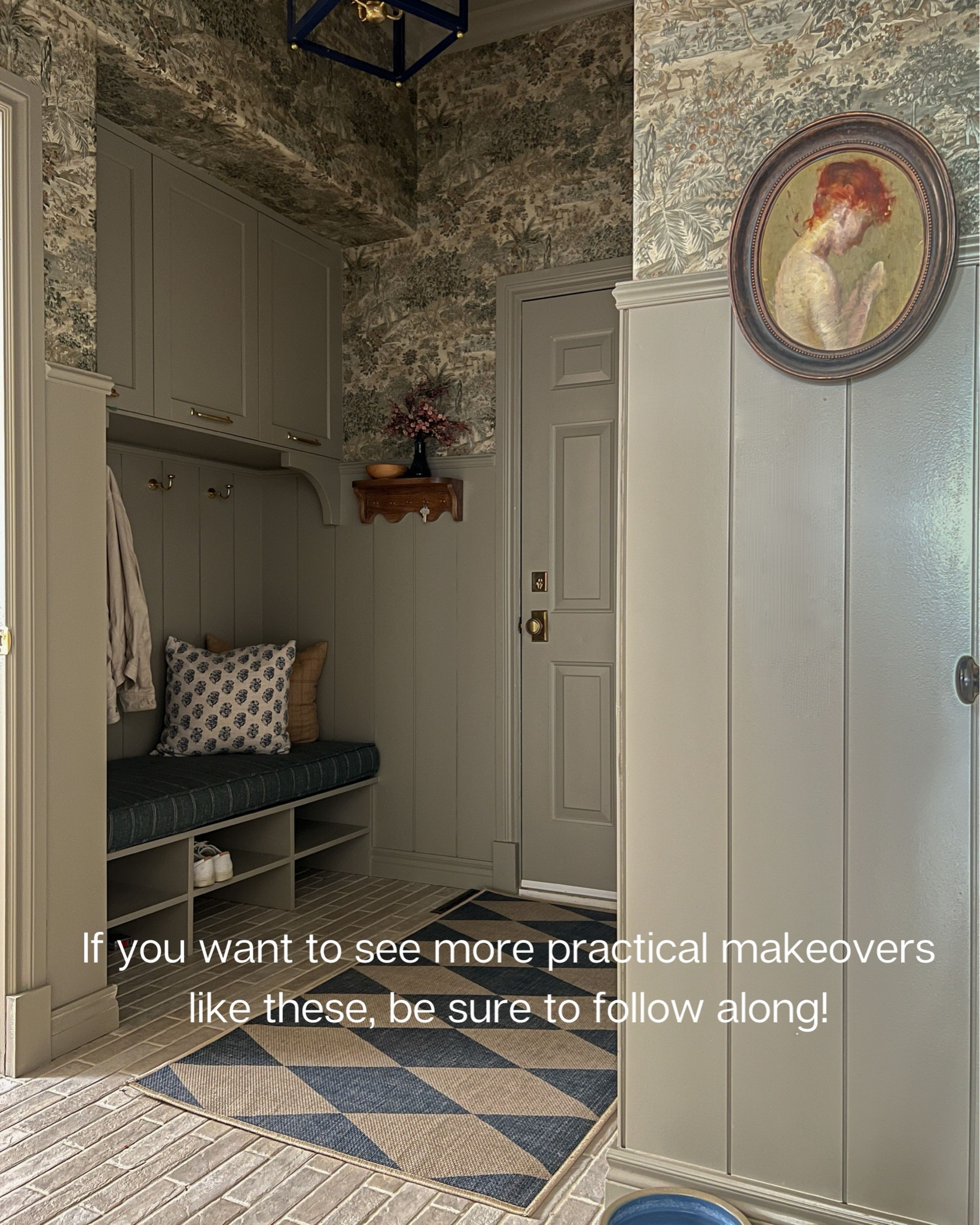Mudroom sources 

Pillows, entry rug, brass hooks, wallpaper, brick look tile 

#LTKHome