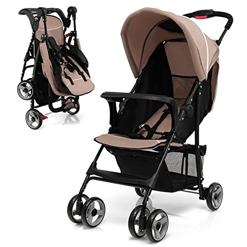HONEY JOY Travel Stroller, Quick Fold Lightweight Baby Umbrella Stroller for Airplane, Adjustable Canopy & Backrest, Storage Basket, Removable Meal Tray, Compact Stroller Newborn and Toddler(Coffee) | Amazon (US)