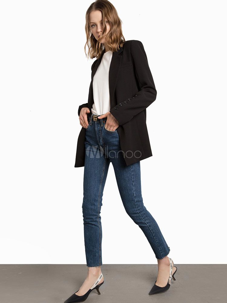 Black Blazer Jacket Women Long Sleeve Turndown Collar Casual Suit | Milanoo