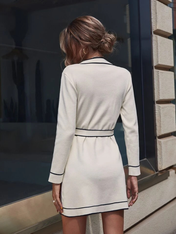 SHEIN Clasi Contrast Piping Belted Sweater Dress | SHEIN