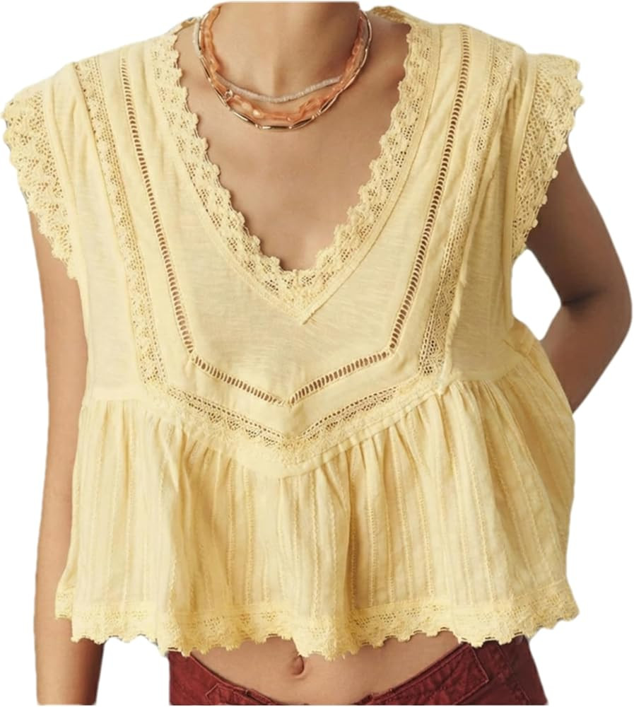 Women\u2019s Lace Peplum Top V Neck Floral Embroidered Blouse Babydoll Sleeveless Shirt Summer Go... | Amazon (US)