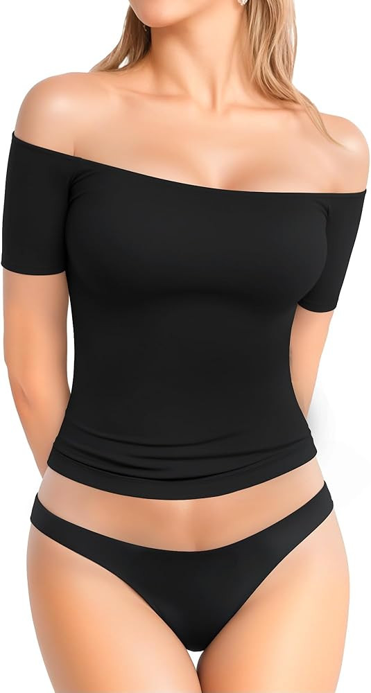 MANGOPOP Off The Shoulder Tops for Women Sexy Short Sleeve T Shirt Slim Fitted Tee Casual Blouse ... | Amazon (US)