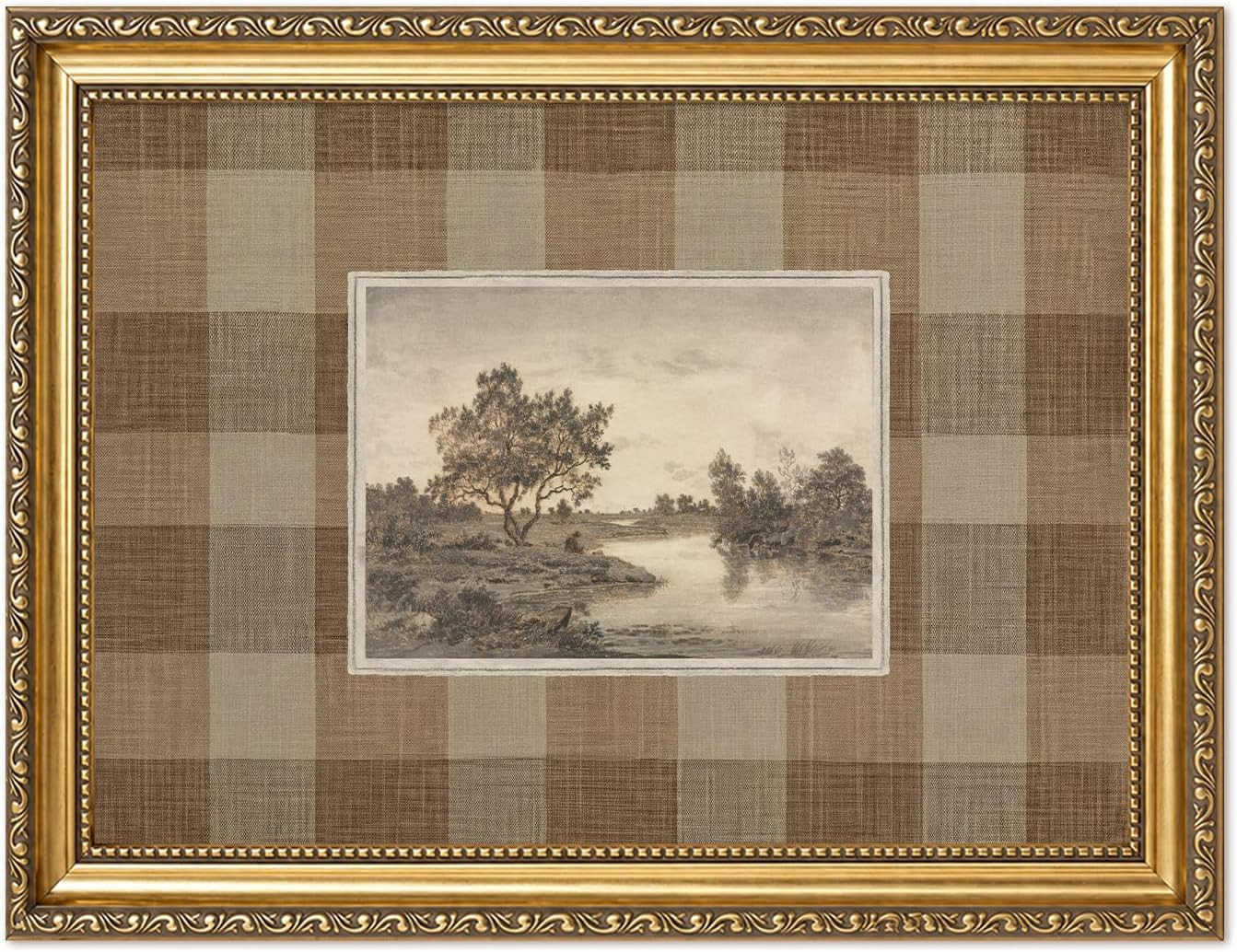 Vintage Gold Framed Landscape Wall Art, Moody Tree Lake Wall Decor Paintings, Neutral Gingham Country Nature Pictures Canvas Prints Farmhouse Home Decor Aesthetic for Living Room Bedroom 12x16 inch | Amazon (US)