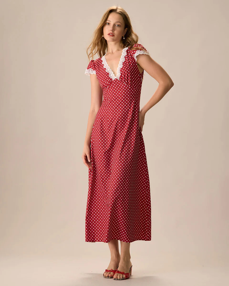 The Red V Neck Polka Dot Lace Ruched Maxi Dress | rihoas.com