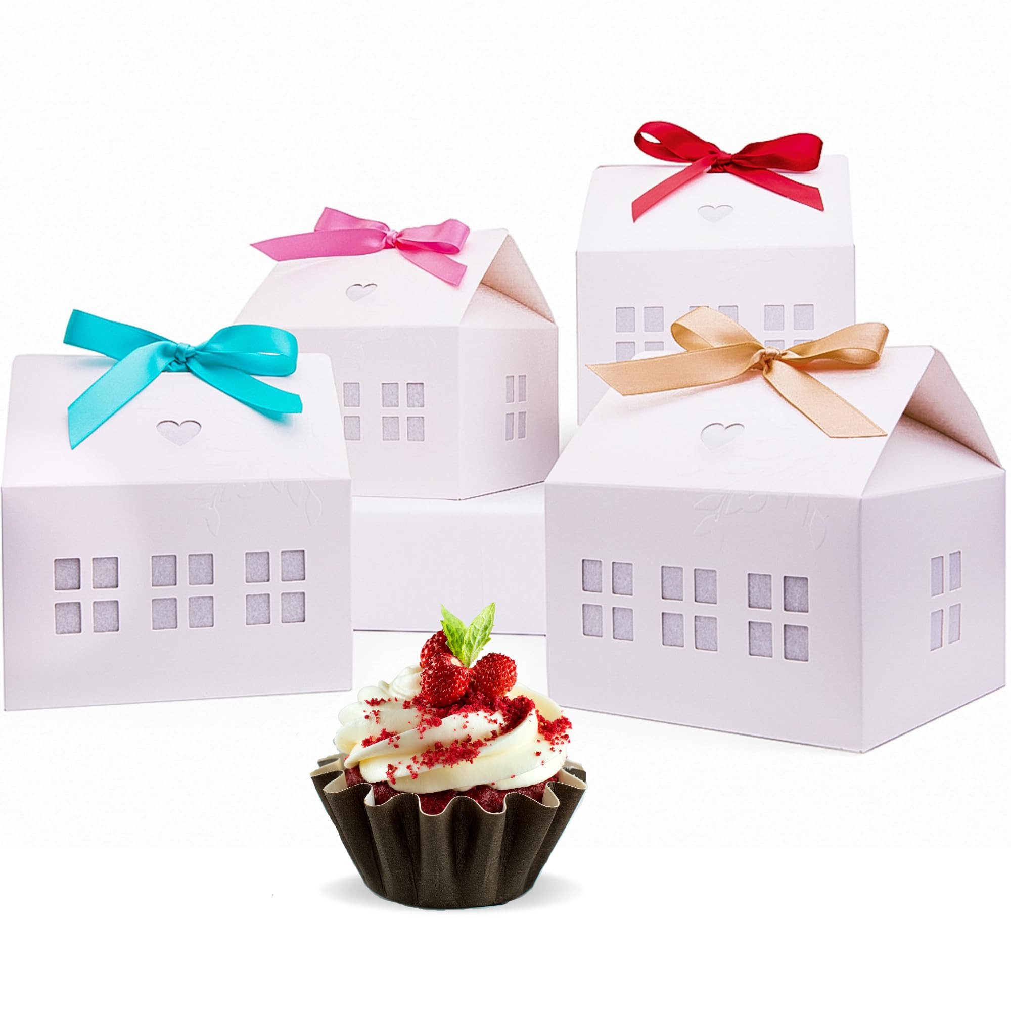 20 Pcs Classic House Shaped Gift Boxes with Bright Ribbons for Treats, Desserts, Fancy Cookie, White Gable Bakery Packaging | Amazon (US)