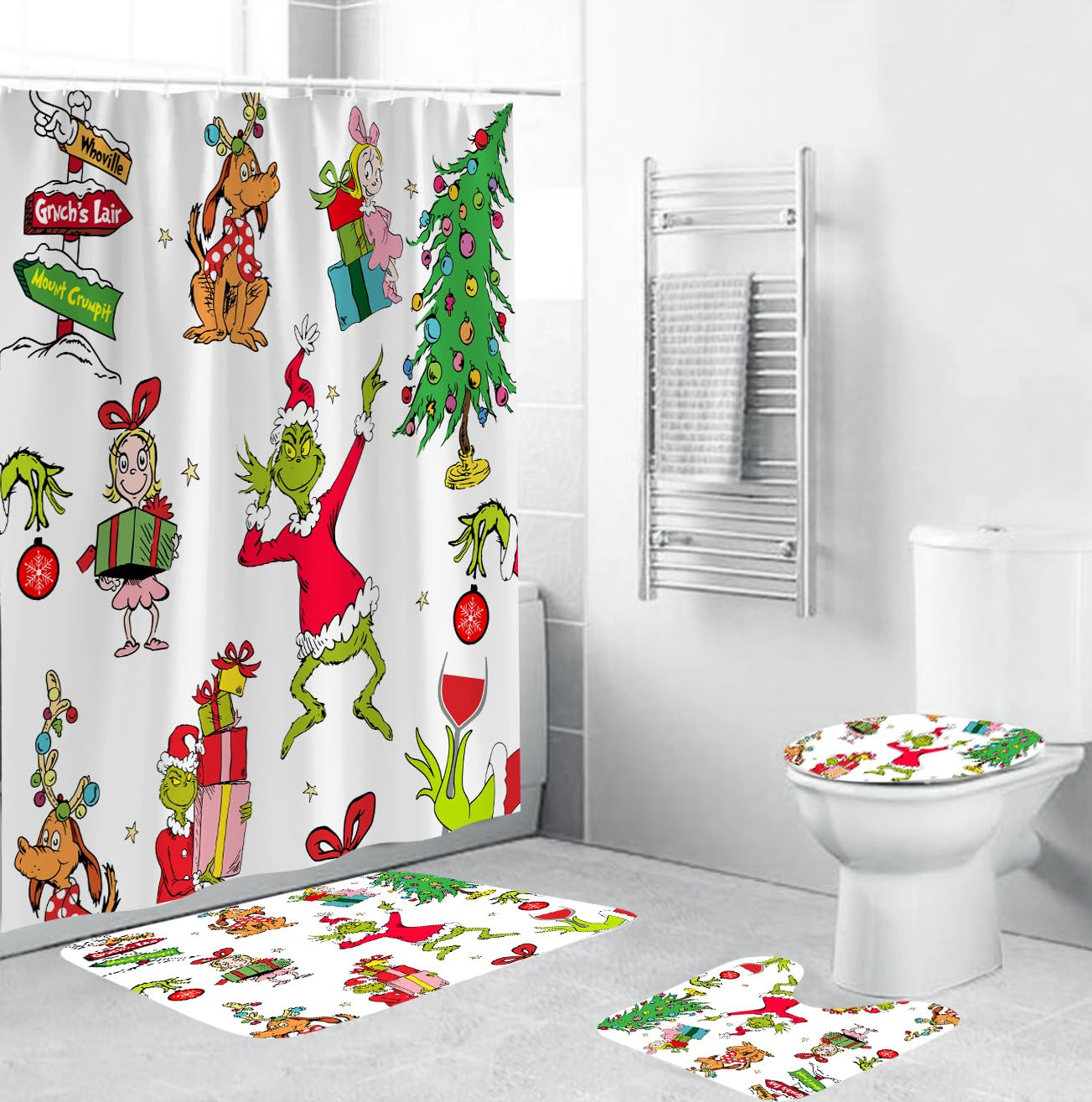4 Pcs Christmas Bathroom Set with Shower Curtain with Non-Slip Rugs, Toilet Lid Cover and Non-Sli... | Amazon (US)