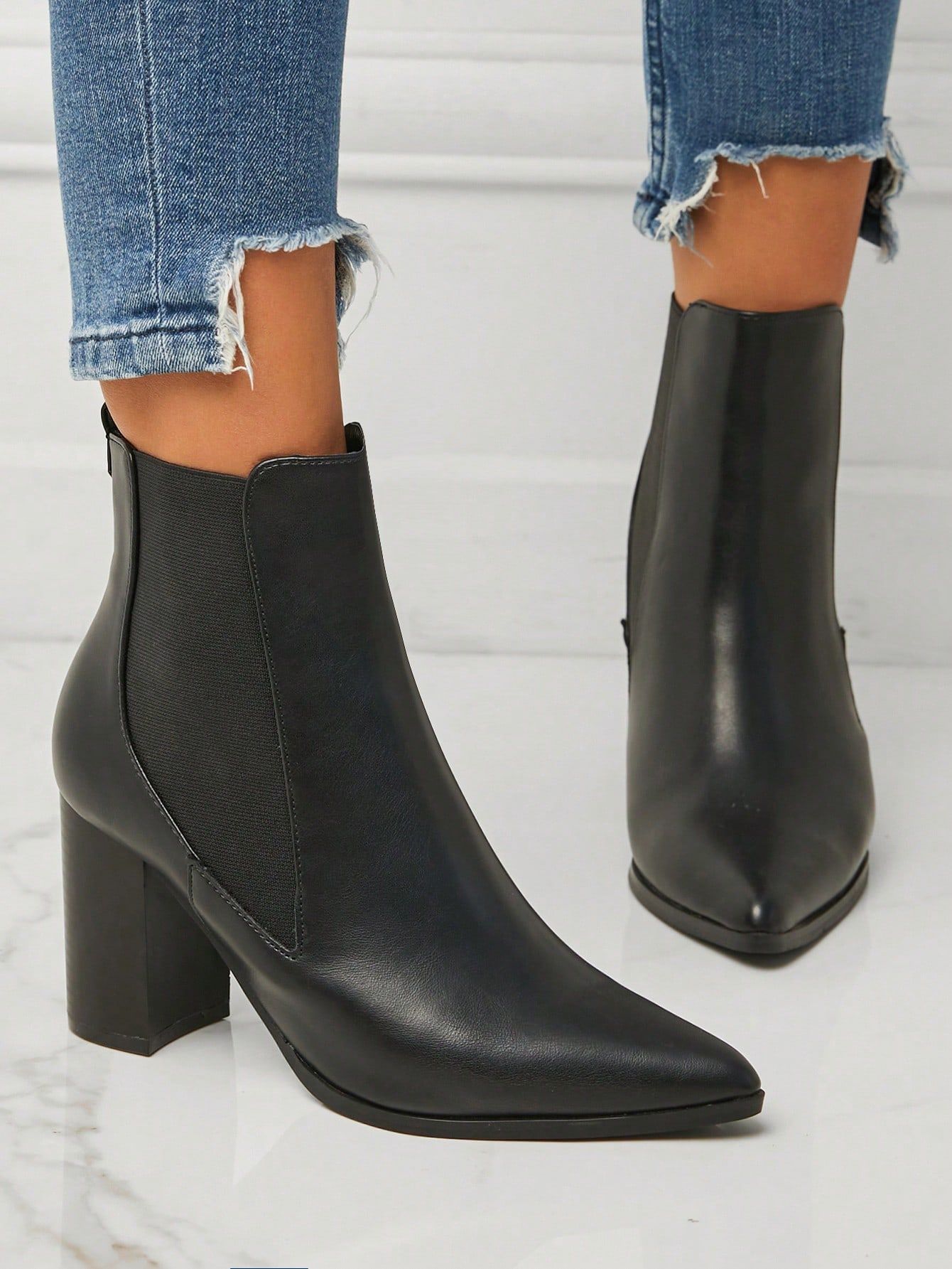 Black Elegant Solid Color Chelsea Boots For Women, Chunky Heel | SHEIN