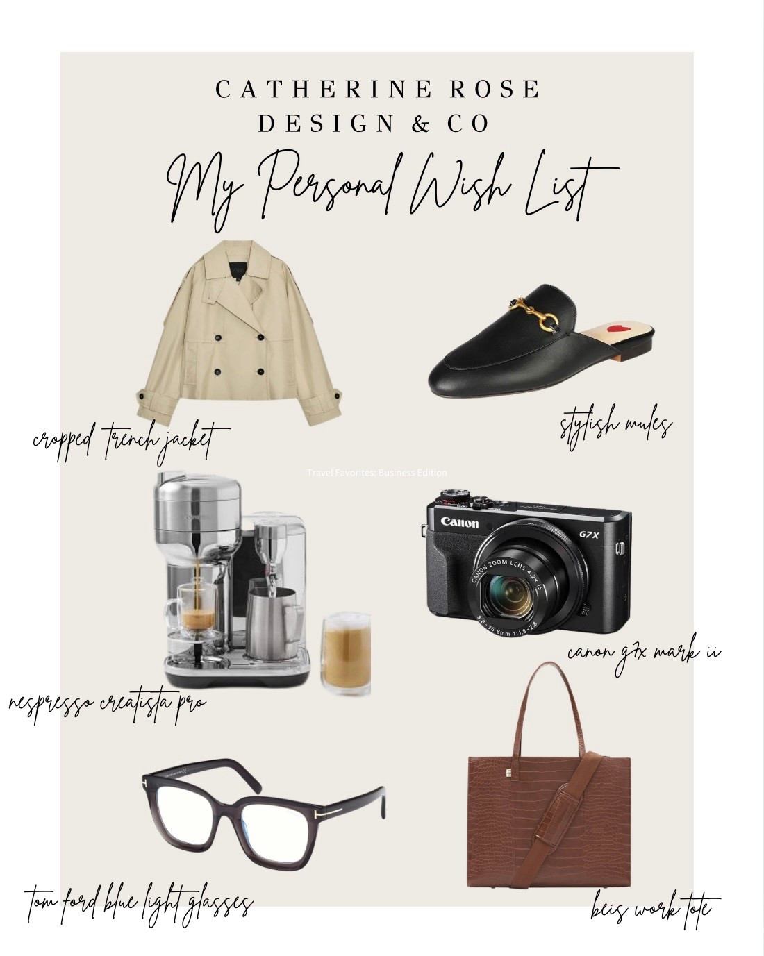 ✨ My Personal Wish List ✨
A few things I’ve been eyeing lately — chic, classic, and just a bit of luxury 🤍
☕️ Nespresso Creatista Pro (because coffee is a love language)
📸 Canon G7X Mark II for content days
🧥 Cropped trench for effortless layering
👓 Tom Ford blue light glasses to look cute while working
👜 Boss work tote — structured & sophisticated
👡 Stylish mules for that polished finish