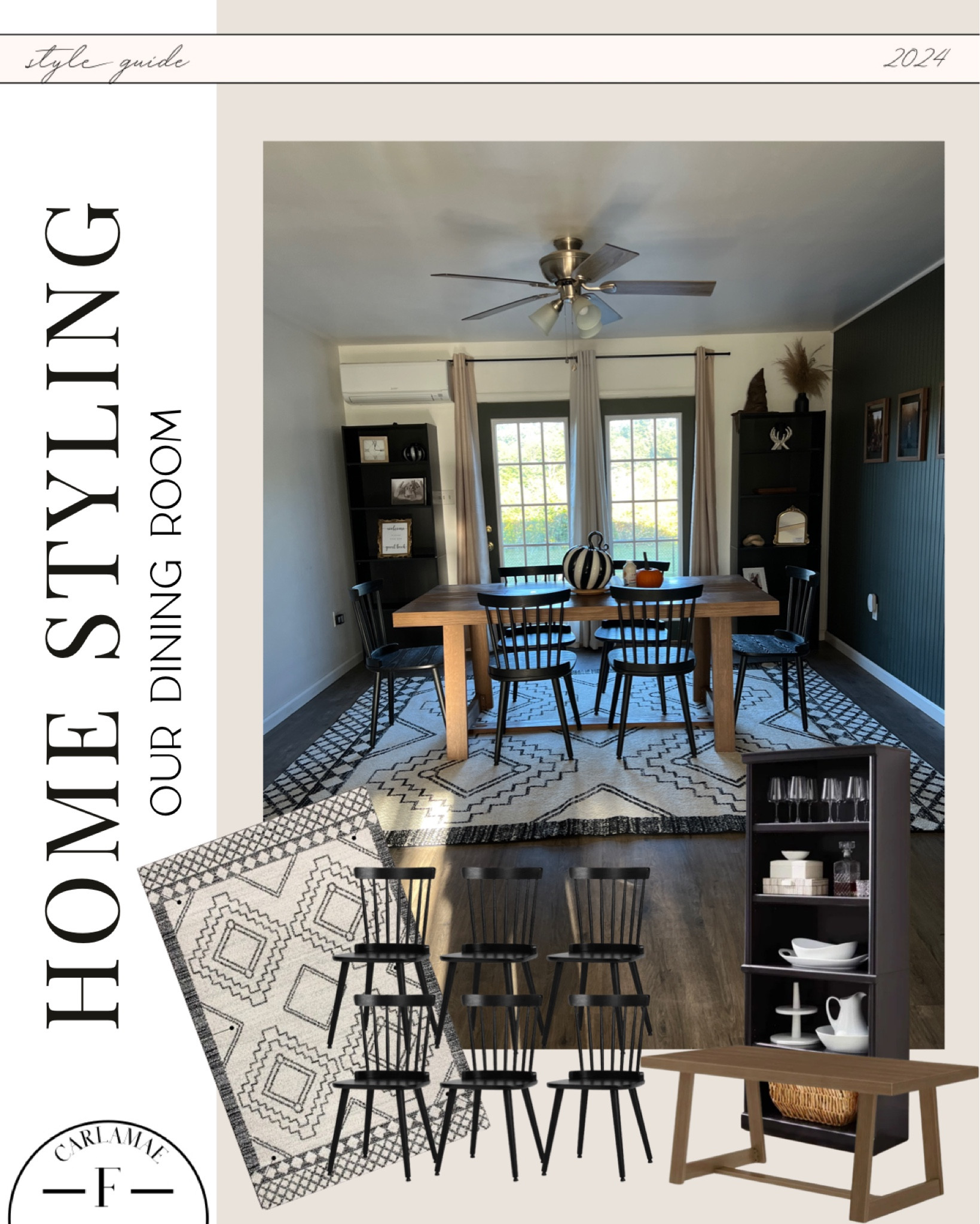 Our dining room details!!

Dining room rug, dining room table, dining room chairs. Black dining room chairs, geometric rug, black bookcases, amazon finds, amazon home, Walmart finds, Walmart home, Walmart furniture 

#LTKHome