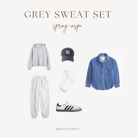 Grey sweat set styling 

Sambas/Abercrombie shacket/New York cap/ essential joggers/