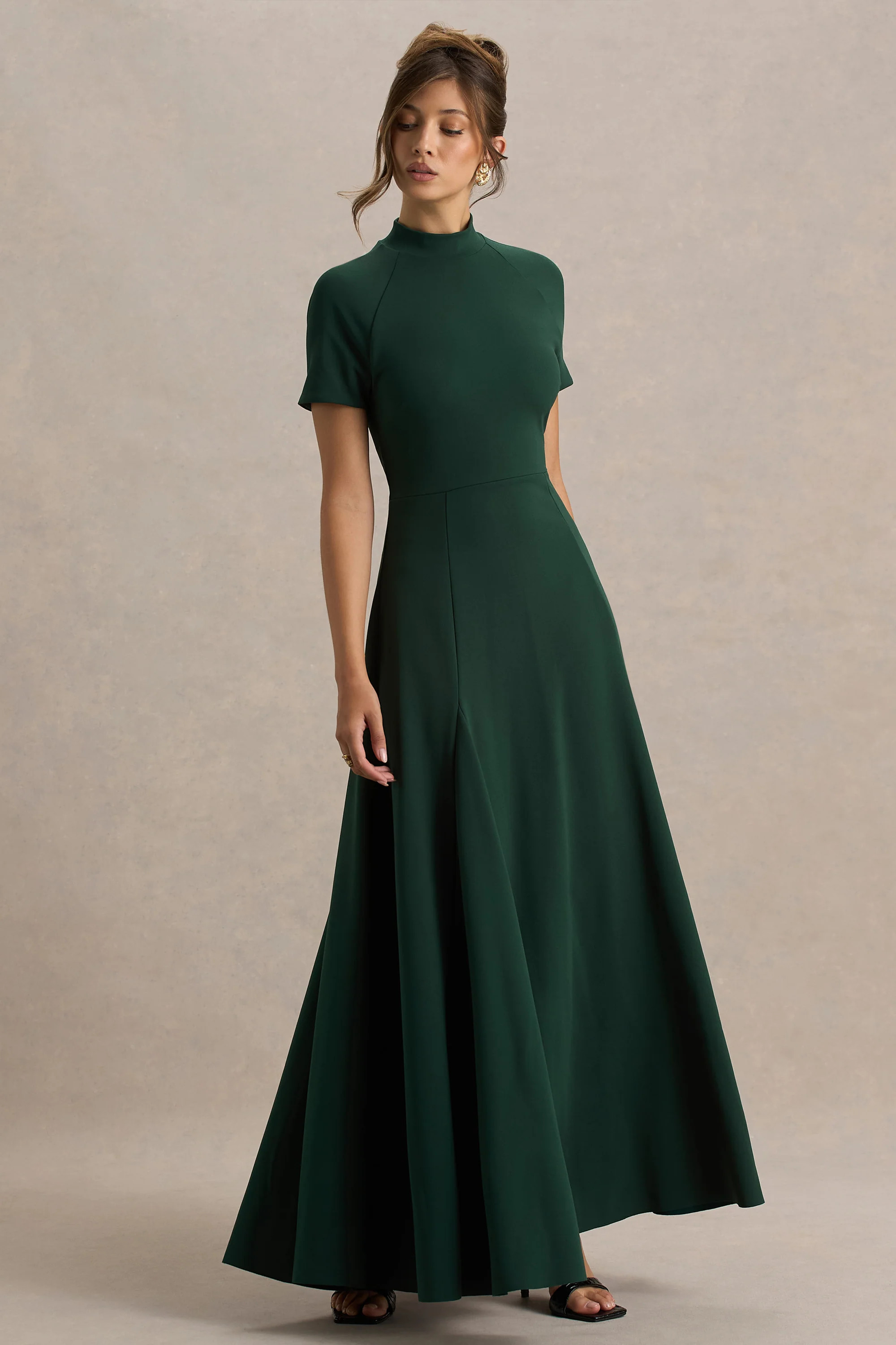 Alea  Dark Green High-Neck Short-Sleeve Maxi Dress | Club L London