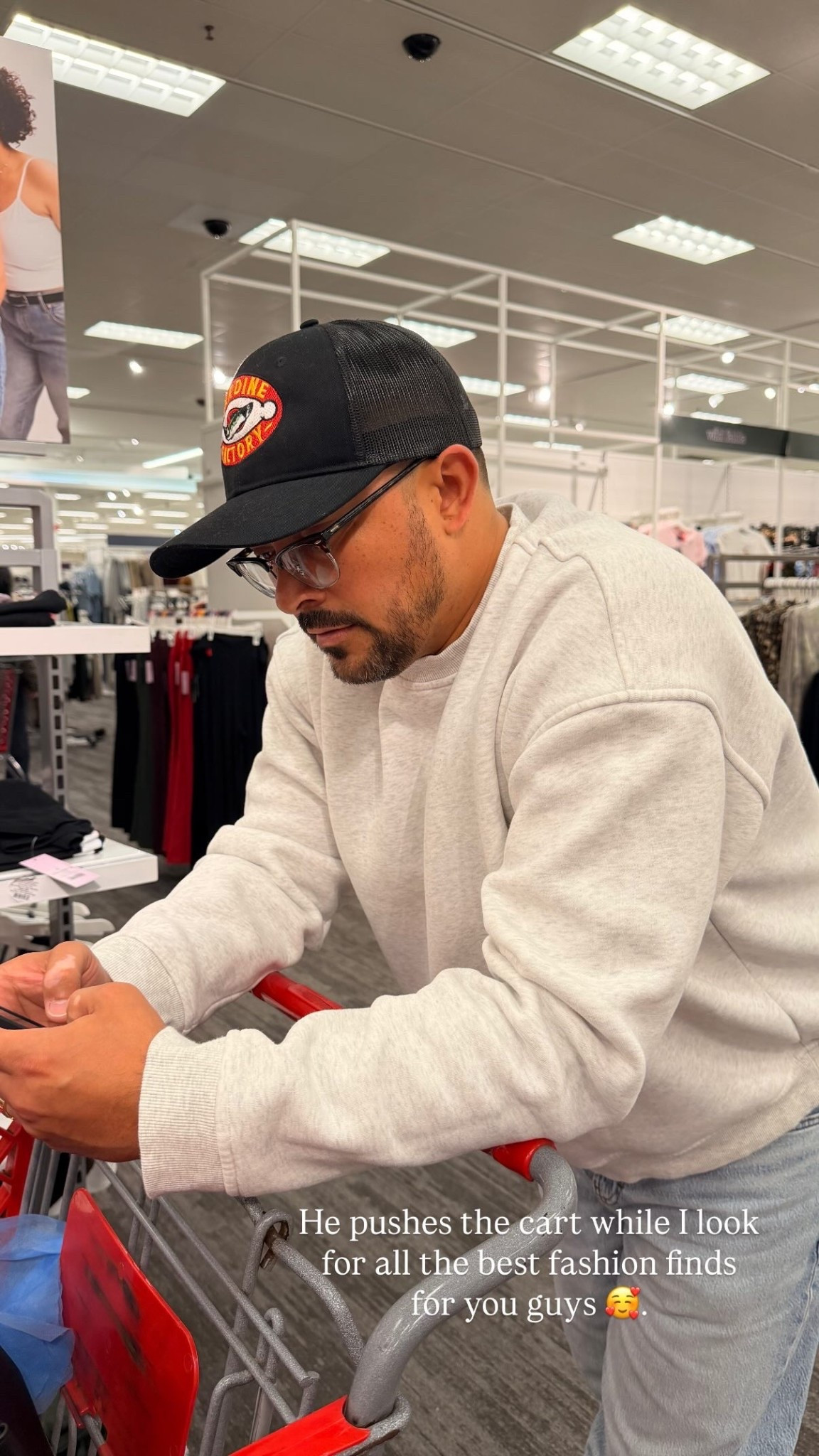 He pushes the cart while I look for all the best fashion finds for you guys 🥰.