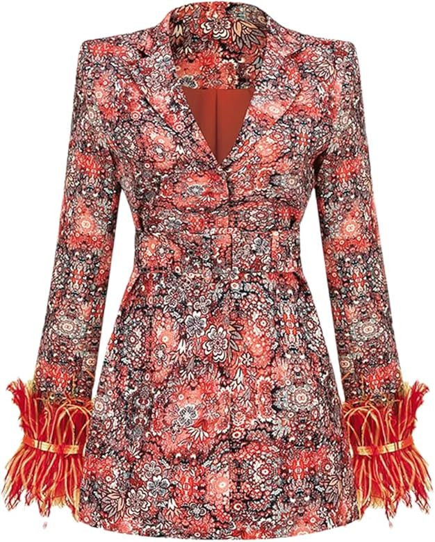 Women's Long Sleeve Floral Feather Blazer Suits Belt Ladies Outfit Dress Jackets | Amazon (US)