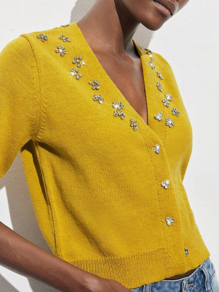 Maija 2025 Summer New Women Sleeveless Top, Fitted Vacation Outfit For Beach, Music Festival, Office, Featuring Distinctive Rhinestone Collar Design, Sophisticated And Minimalist, Knitted Pullover Summer Cardigan, Bohemian Graduation Party Wedding Guest Attire | SHEIN