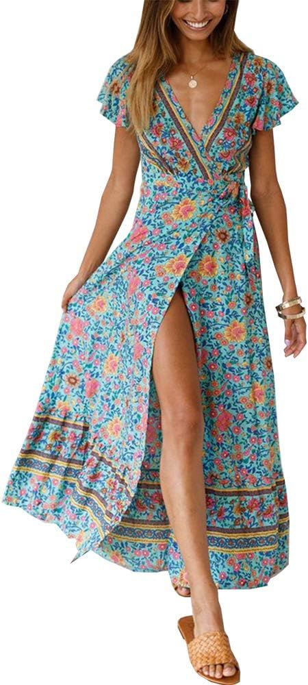 PRETTYGARDEN Women Boho Summer Side Split Deep V Neck Short Sleeves Maxi Dress with Belt | Amazon (US)