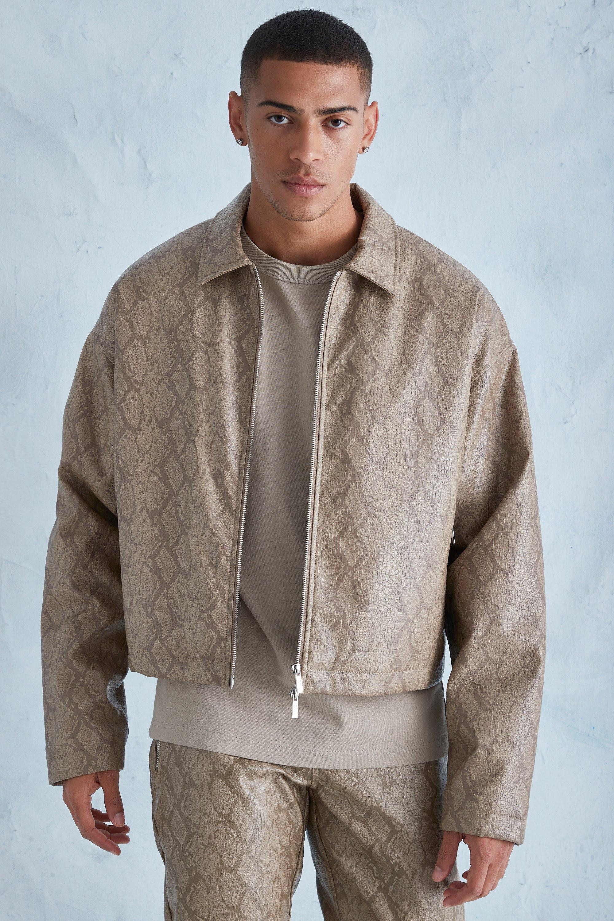 Boxy Snake Leather Look Harrington Jacket | boohooMAN (DE, IE & UK)